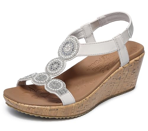 Skechers Damen Beverlee Date Glam Keilsandale, Off White Duraleather/Clear Rhinestone, 39 EU von Skechers