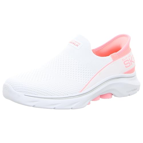 Skechers Damen GO Walk 7 MIA, Weißer Stoff Neon Pink Trim, 39 EU von Skechers