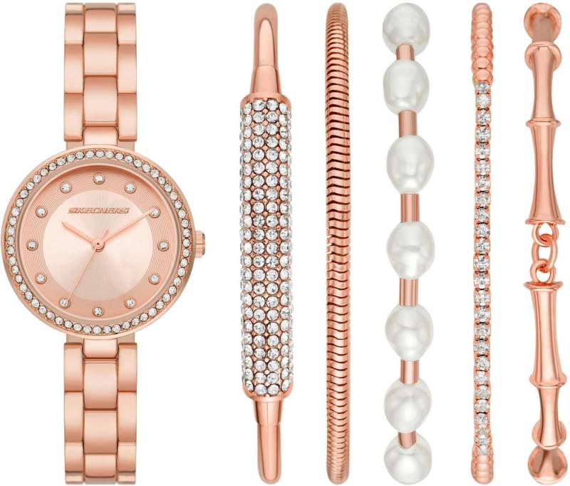 Skechers Quarzuhr BRACELET GLITZ SET SR9079, (Set, 6-tlg., mit 5 dazu passenden Schmuckarmbändern), Armbanduhr, Damenuhr, Glitzer, ideal als Geschenk von Skechers