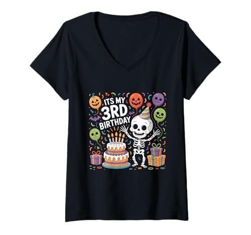 Damen It's My 3rd Birthday Skelett Oktober Halloween Kleinkind T-Shirt mit V-Ausschnitt Damen It's My 3rd Birthday Skelett Oktober Halloween Kleinkind T-Shirt mit V-Ausschnitt von Skeleton 3rd Birthday 3 Toddler Girls Boys