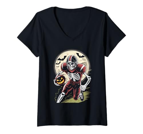 Damen Skelett American Football Halloween - Spooky Season Player T-Shirt mit V-Ausschnitt Damen Skelett American Football Halloween - Spooky Season Player T-Shirt mit V-Ausschnitt von Skeleton American Football Halloween Vibes