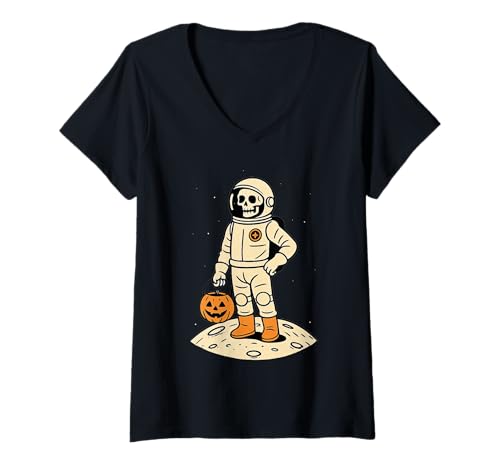 Damen Retro Skelett Astronaut Outerspace Halloween T-Shirt mit V-Ausschnitt von Skeleton Astronaut Trick or Treat Matching Design