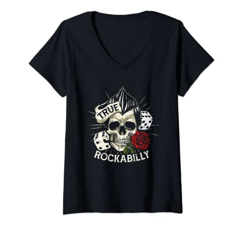 Damen Totenkopf Greaser Rose Rock 'N' Roll True Rockabilly T-Shirt mit V-Ausschnitt von Skeleton Barber & Biker Rocker Apparel