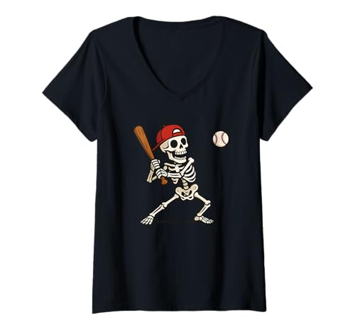 Damen Funny Skeleton Batting Baseball Halloween Men Women Kids T-Shirt mit V-Ausschnitt von Skeleton Baseball Halloween Costume Tee