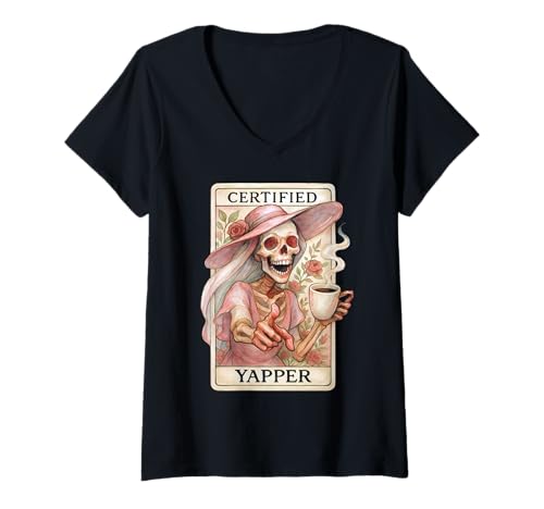 Damen Zertifizierte Yapper Shirt Lustige Skelett-Kaffeetarot Karte T-Shirt mit V-Ausschnitt Damen Zertifizierte Yapper Shirt Lustige Skelett-Kaffeetarot Karte T-Shirt mit V-Ausschnitt von Skeleton Coffee Halloween Tees...
