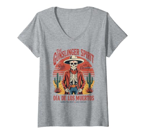 Damen Halloween Skelett Cowboy Mexikanische Kultur T-Shirt mit V-Ausschnitt Damen Halloween Skelett Cowboy Mexikanische Kultur T-Shirt mit V-Ausschnitt von Skeleton Cowboy Western Day of the Dead