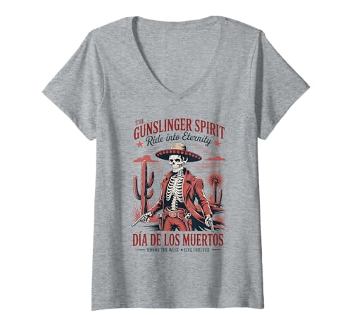 Damen Western Gunslinger Día de los Muertos T-Shirt mit V-Ausschnitt Damen Western Gunslinger Día de los Muertos T-Shirt mit V-Ausschnitt von Skeleton Cowboy Western Day of the Dead