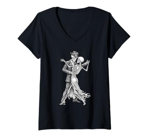 Damen Tango Tanzendes Skelett Halloween Schädel Tänzerin Gruselpaar T-Shirt mit V-Ausschnitt von Skeleton Dancers Halloween Costume