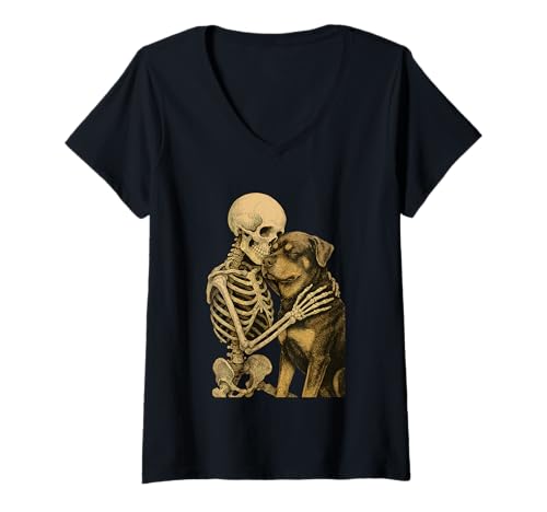 Damen Skelett umarmender Hund Vintage Gothic Freundschaft Design T-Shirt mit V-Ausschnitt Damen Skelett umarmender Hund Vintage Gothic Freundschaft Design T-Shirt mit V-Ausschnitt von Skeleton Dog Artworks