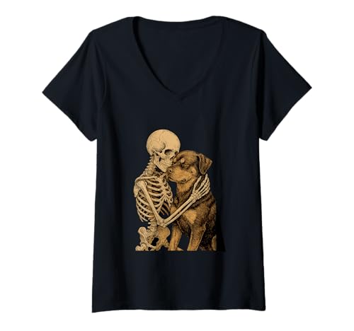 Damen Skelett umarmender Hund Vintage Gothic Freundschaft Design T-Shirt mit V-Ausschnitt Damen Skelett umarmender Hund Vintage Gothic Freundschaft Design T-Shirt mit V-Ausschnitt von Skeleton Dog Artworks