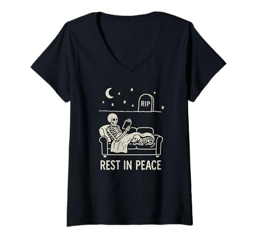 Damen Skelett Rest In Peace Halloween Hundeliebhaber Leser Bookish T-Shirt mit V-Ausschnitt von Skeleton Dog Reading Halloween Lazy Humor
