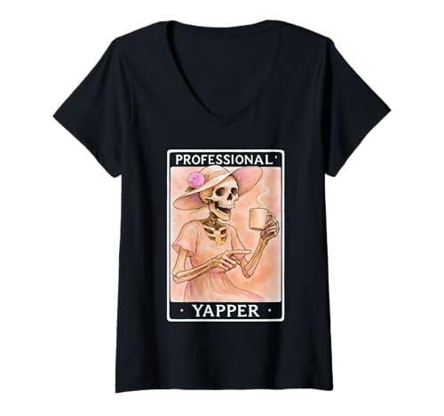 Damen Professionelle Yapper Shirt Lustige Skelett Kaffee Tarotkarte T-Shirt mit V-Ausschnitt von Skeleton Drinking Coffee Vintage Tees...
