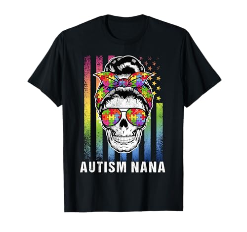 Autismus Nana, Cooles Messy Bun Girl, USA-Flagge, Vintage T-Shirt von Skeleton Family Autism Awareness Summer Halloween