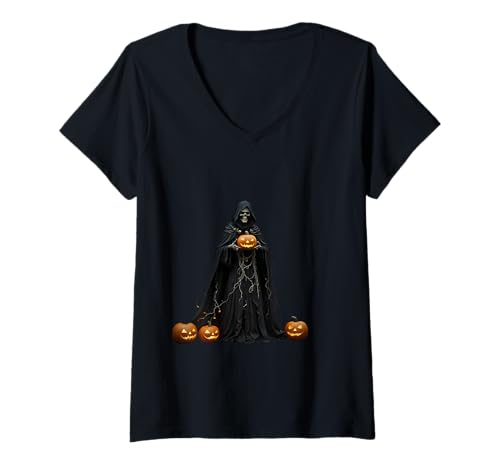 Damen Halloween-Skelett mit schwarzem Kapuzenumhang T-Shirt mit V-Ausschnitt von Skeleton-Figure Gifts & Gothic Fantasy Tees taiche