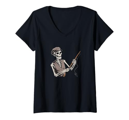 Damen Lustiges Skelett Angeln Logo Lustiges Skelett Angeln Meme T-Shirt mit V-Ausschnitt von Skeleton Fishing Rod Funny Skeleton Fishing Shirt