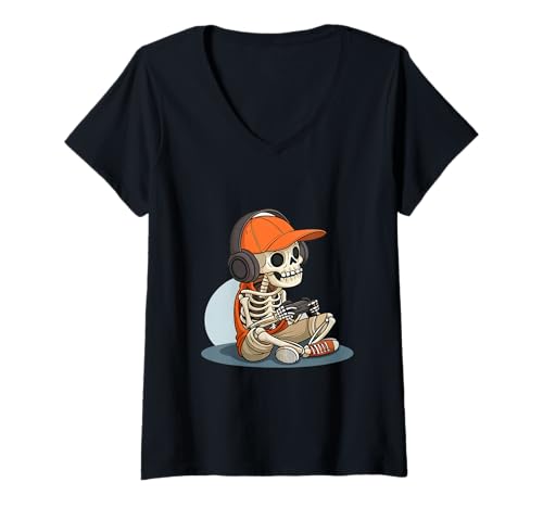 Damen Cooles Skelett Gaming Headset Gamer Halloween T-Shirt mit V-Ausschnitt Damen Cooles Skelett Gaming Headset Gamer Halloween T-Shirt mit V-Ausschnitt von Skeleton Gamer Co.