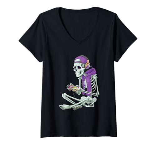 Damen Gamer Skeleton with Headphones Gaming Pretend Lazy Costume T-Shirt mit V-Ausschnitt Damen Gamer Skeleton with Headphones Gaming Pretend Lazy Costume T-Shirt mit V-Ausschnitt von Skeleton Gamer Video Gaming Boys Men Sleep Over