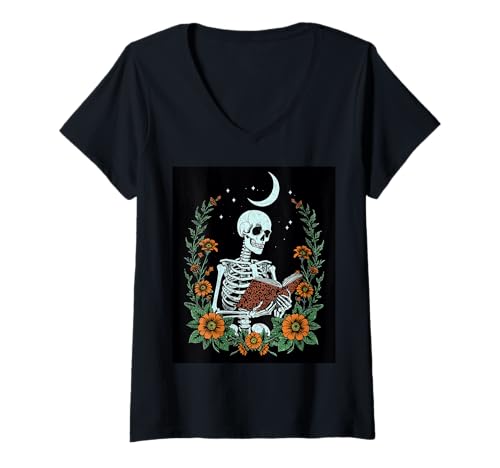 Damen Skelett-Lesebuch mit Mondblumen T-Shirt mit V-Ausschnitt Damen Skelett-Lesebuch mit Mondblumen T-Shirt mit V-Ausschnitt von Skeleton Garden Reading a Book by Moonlight