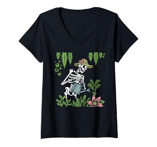 Damen Watering Can Skeleton Gardener - Halloween Gardening T-Shirt mit V-Ausschnitt Damen Watering Can Skeleton Gardener - Halloween Gardening T-Shirt mit V-Ausschnitt von Skeleton Gloves Apparel