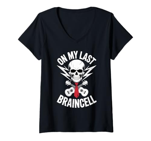 Damen Vintage Gitarre Grafik Rock Skull Lover On My Last Braincell T-Shirt mit V-Ausschnitt von Skeleton Guitar Graphic
