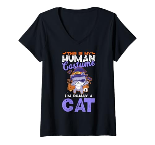 Damen This is My Human Costume I´m Really A Cat Halloween T-Shirt mit V-Ausschnitt von Skeleton Halloween Clothes Halloween Tees