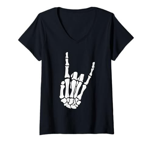 Damen Skelett Hand Gothic Rocker Hand Halloween Rock Musik T-Shirt mit V-Ausschnitt Damen Skelett Hand Gothic Rocker Hand Halloween Rock Musik T-Shirt mit V-Ausschnitt von Witchy Wardrobe