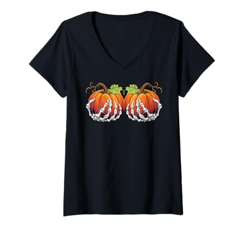 Damen Skelett Hand Kürbis Brüste Halloween Kostüm T-Shirt mit V-Ausschnitt von Skeleton Hand Pumpkin Boobs Halloween Costume