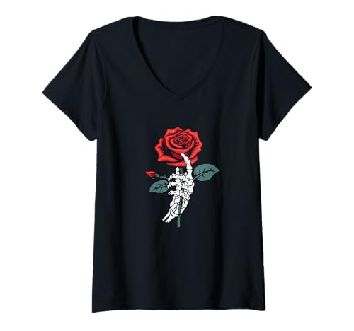 Damen Rose Skelett Schädel Hand Rote Blume Rose Männer Frauen Kinder T-Shirt mit V-Ausschnitt von Skeleton Hand Red Rose Flower Skull Hand T-Shirt