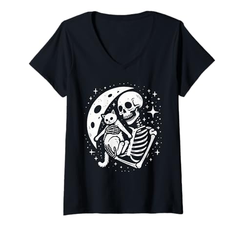 Damen Vintage Skelett Katze Schädel Goth Halloween Männer Frauen Kinder T-Shirt mit V-Ausschnitt Damen Vintage Skelett Katze Schädel Goth Halloween Männer Frauen Kinder T-Shirt mit V-Ausschnitt von Skeleton Holding Cat Vintage Goth Halloween