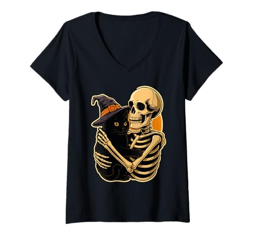 Damen Skelett Umarmung Schwarze Katze Halloween Niedliche Hexe Katze Skelett T-Shirt mit V-Ausschnitt Damen Skelett Umarmung Schwarze Katze Halloween Niedliche Hexe Katze Skelett T-Shirt mit V-Ausschnitt von Skeleton Hugging Black Cat Halloween Outfits