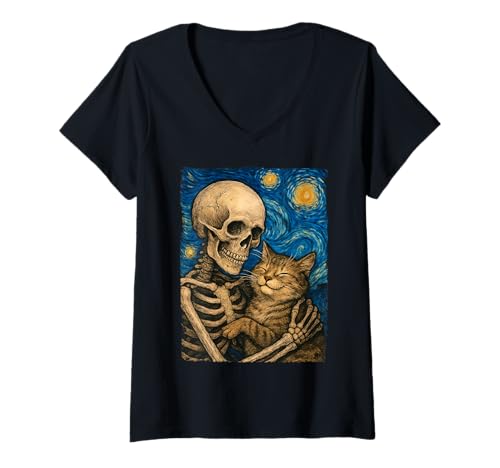 Damen Skelett umarmende Katze Sternennacht Niedliche Halloween Katzen Liebhaber T-Shirt mit V-Ausschnitt Damen Skelett umarmende Katze Sternennacht Niedliche Halloween Katzen Liebhaber T-Shirt mit V-Ausschnitt von Skeleton Hugging Cat Starry night Cute Halloween