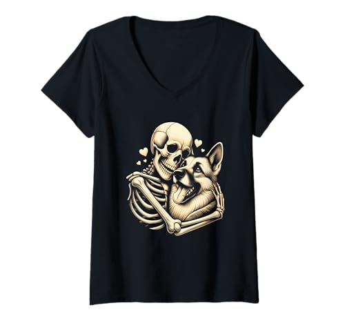 Damen Skelett Umarmender Hund Halloween Deutscher Schäferhund Liebhaber Hund T-Shirt mit V-Ausschnitt von Skeleton Hugging Dog German Shepherd Dog