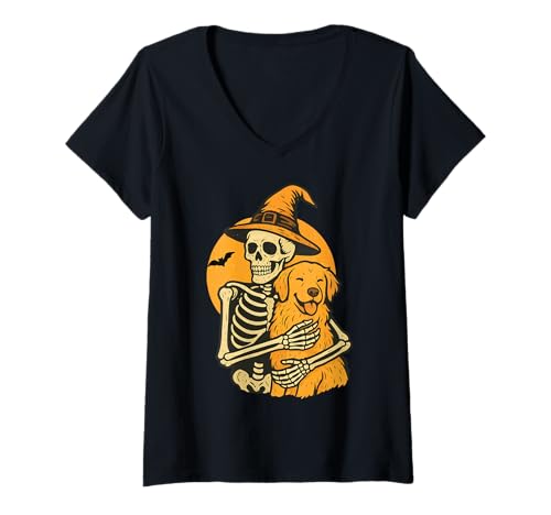 Damen Skelett umarmt Labrador Retriever Niedlicher Hundeliebhaber Halloween T-Shirt mit V-Ausschnitt von Skeleton Hugging Labrador Retriever Cute Outfits