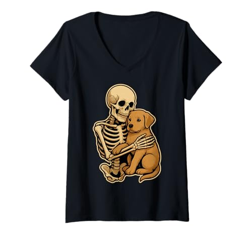 Damen Skelett umarmt Labrador Retriever Niedlicher Hundeliebhaber Halloween T-Shirt mit V-Ausschnitt von Skeleton Hugging Labrador Retriever Cute Outfits