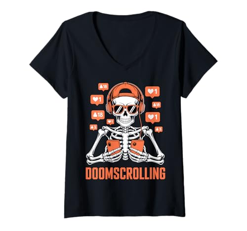 Damen Halloween Skelett Doomscrolling Kostüm T-Shirt mit V-Ausschnitt von Skeleton Humor Halloween Costumes Tee
