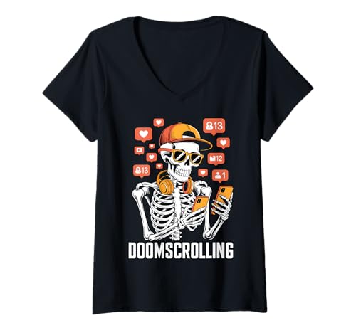 Damen Halloween Skelett Doomscrolling Kostüm T-Shirt mit V-Ausschnitt Damen Halloween Skelett Doomscrolling Kostüm T-Shirt mit V-Ausschnitt von Skeleton Humor Halloween Costumes Tees