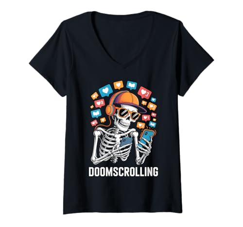 Damen Halloween Skelett Doomscrolling Kostüm T-Shirt mit V-Ausschnitt Damen Halloween Skelett Doomscrolling Kostüm T-Shirt mit V-Ausschnitt von Skeleton Humor Halloween Costumes