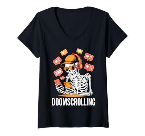 Damen Halloween Skelett Doomscrolling Kostüm T-Shirt mit V-Ausschnitt Damen Halloween Skelett Doomscrolling Kostüm T-Shirt mit V-Ausschnitt von Skeleton Humor Halloween Costumes