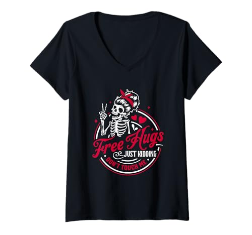 Damen Free Hugs Just Kidding Don't Touch Me Skelett T-Shirt mit V-Ausschnitt Damen Free Hugs Just Kidding Don't Touch Me Skelett T-Shirt mit V-Ausschnitt von Skeleton Humor Peace Gesture Art Lovers