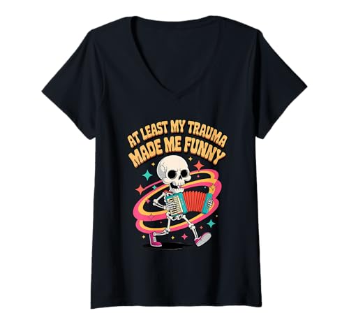 Damen Wenigstens hat Mich Mein Trauma lustig gemacht, Retro T-Shirt mit V-Ausschnitt von Skeleton Humor Quirky Retro Vibes