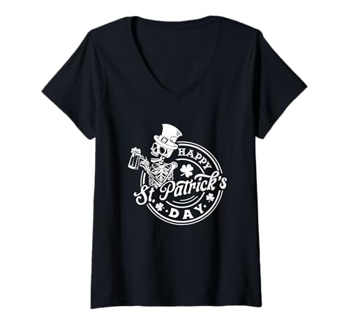 Damen Happy St. Patrick's Day Skelett Cheers T-Shirt mit V-Ausschnitt von Skeleton Irish Celebration Fun Vintage Style