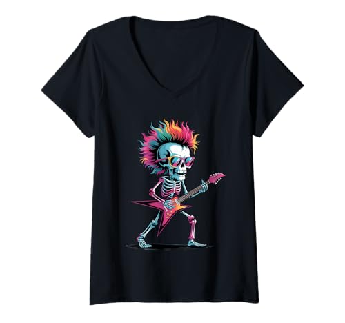 Damen Rock Skelett Gitarre Poster Stil Bunte Farbspritzer T-Shirt mit V-Ausschnitt Damen Rock Skelett Gitarre Poster Stil Bunte Farbspritzer T-Shirt mit V-Ausschnitt von Skeleton Lover Apparel & Arts