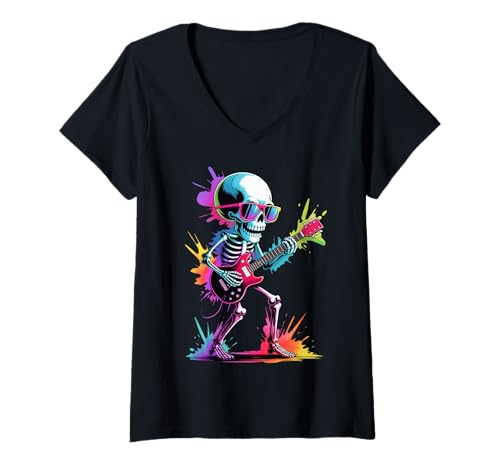 Damen Skelett spielt Gitarre Poster Stil Bunte Farbspritzer T-Shirt mit V-Ausschnitt Damen Skelett spielt Gitarre Poster Stil Bunte Farbspritzer T-Shirt mit V-Ausschnitt von Skeleton Lover Apparel & Arts