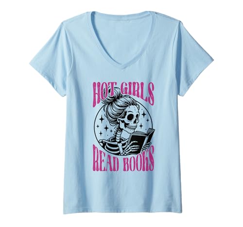 Damen Hot Girls Read Books Skelett Lustiger Buchleser T-Shirt mit V-Ausschnitt Damen Hot Girls Read Books Skelett Lustiger Buchleser T-Shirt mit V-Ausschnitt von Skeleton Messy Bun Book Reader