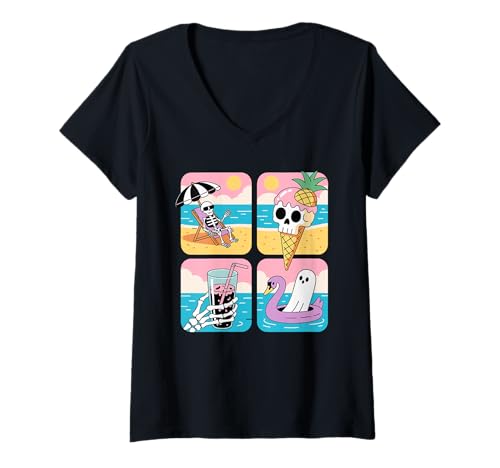 Damen Skelett und Geister Totenkopf EIS Sommer Halloween T-Shirt mit V-Ausschnitt Damen Skelett und Geister Totenkopf EIS Sommer Halloween T-Shirt mit V-Ausschnitt von Skeleton Paradise