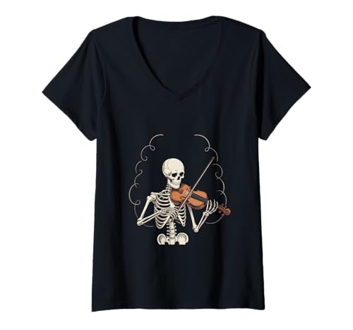 Damen Lustiges Skelett Grafik Rock Skelett mit Gitarre Let's Rock T-Shirt mit V-Ausschnitt Damen Lustiges Skelett Grafik Rock Skelett mit Gitarre Let's Rock T-Shirt mit V-Ausschnitt von Skeleton Playing Electric Guitar Rock Skeleton Tee