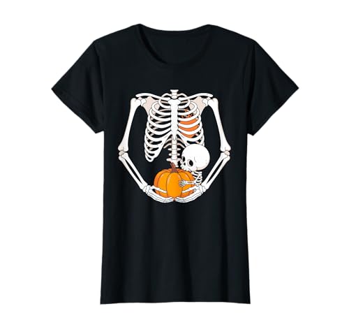 Damen Skelett hält Baby Kürbis Schwangerschaft Alarm Mama Halloween T-Shirt von Skeleton Pregnancy Announcement Mom Halloween
