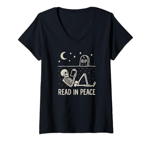 Damen Skelett Lesen in Frieden Lustiges Halloween-Buch Grafik Bookish T-Shirt mit V-Ausschnitt von Skeleton Reading Halloween Bookworm Humor