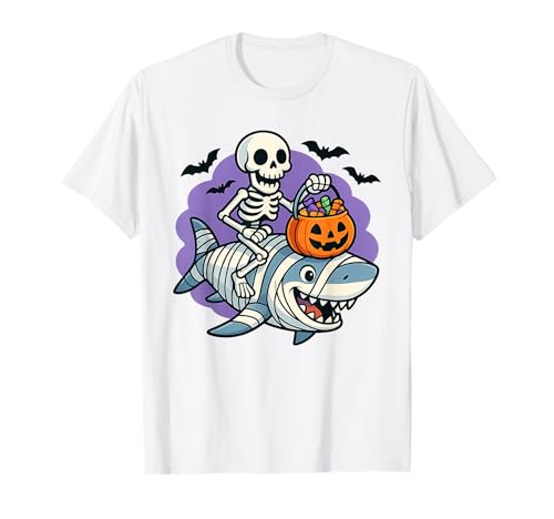 Skelett Reiten Mama Hai Lustig Halloween Kürbis Kinder T-Shirt von Skeleton Riding Mummy Shark Halloween Candy Fun
