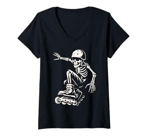 Damen Skelett Halloween Shirt Inline Skating Roller Blading Lustig T-Shirt mit V-Ausschnitt von Skeleton Shirt Skater Tees...